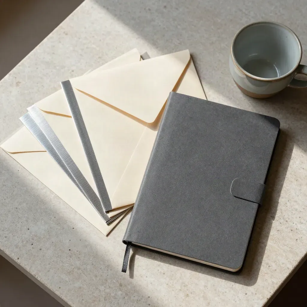 Top-down bond review flatlay with envelopes, tabs, notebook and ceramic cup on light stone.