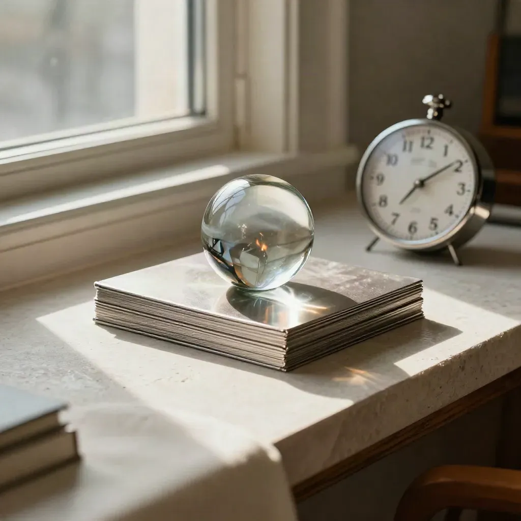 Silver bond stack, glass weight, and date wheel on a sunlit window ledge.