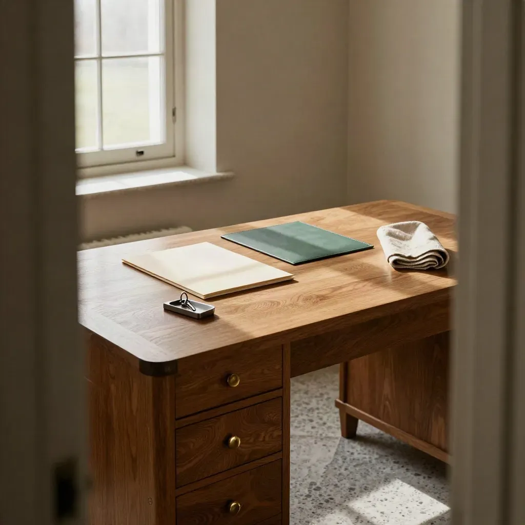 Ontario estate desk with sealed folder, key tray and linen cloth in a calm office nook.