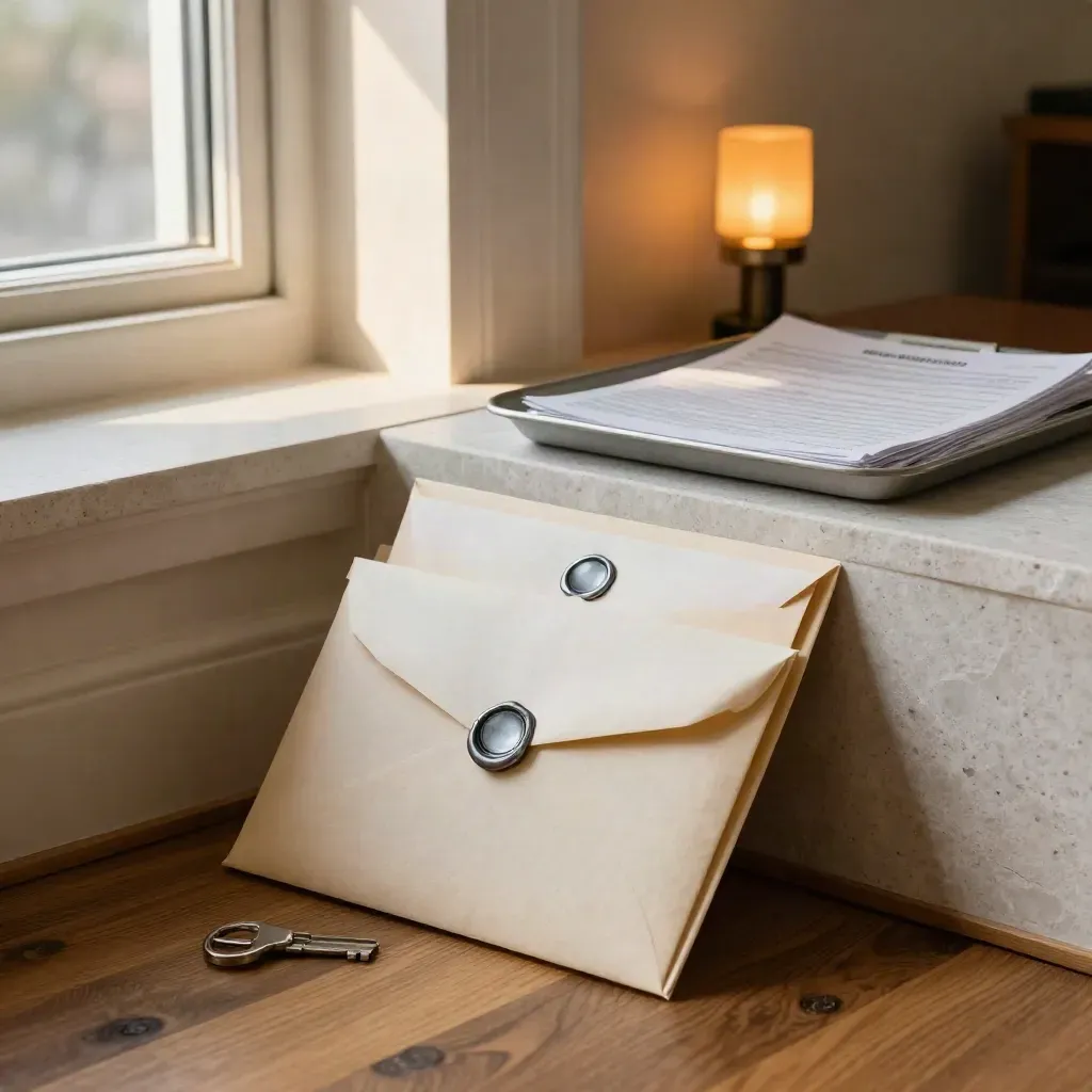 Bond envelopes staged in a warm office corner beside stone and wood, lit by late-afternoon window light.