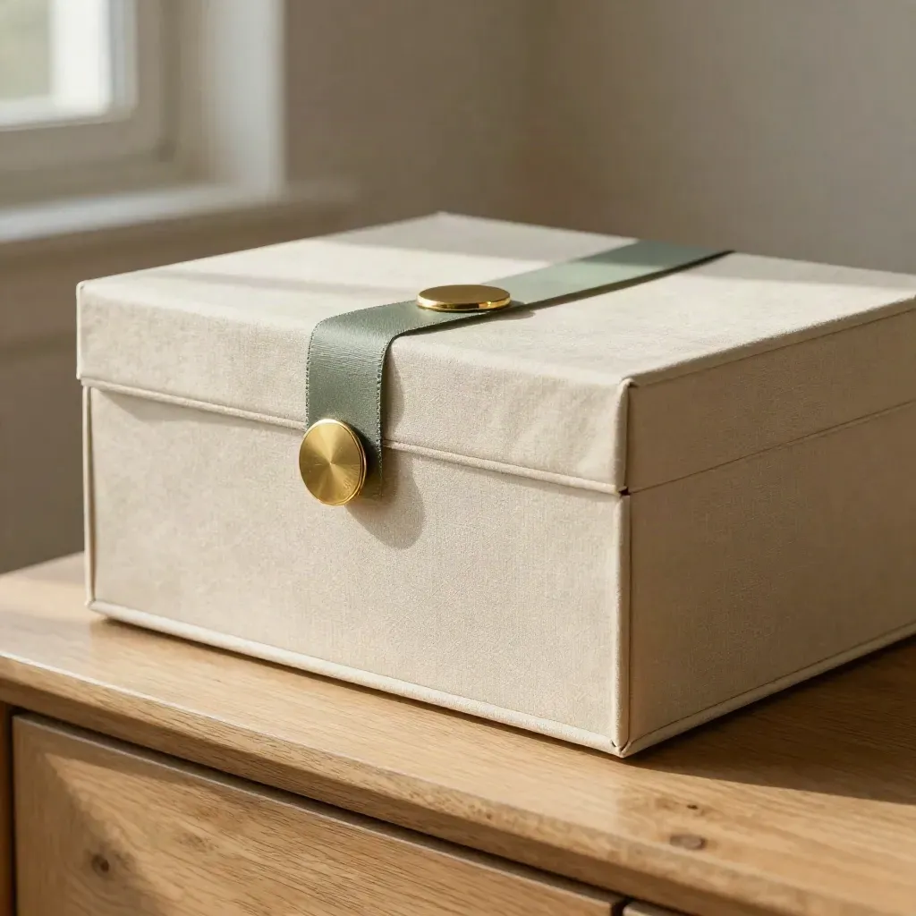 Archive box with color tabs and brass seal on a pale wood console in cool afternoon light.