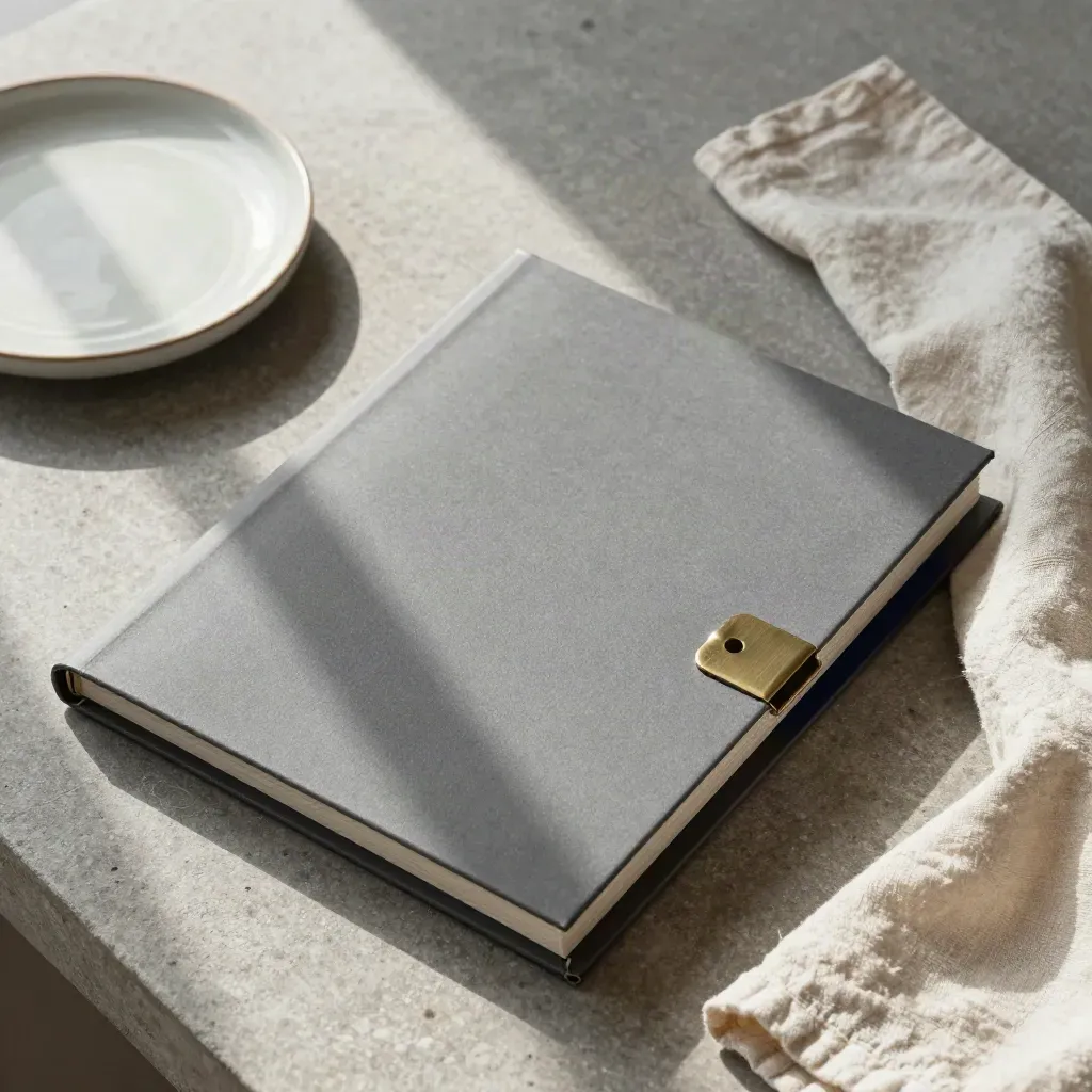 Overhead bond review binder sleeve, brass clip, ceramic dish and linen on stone.