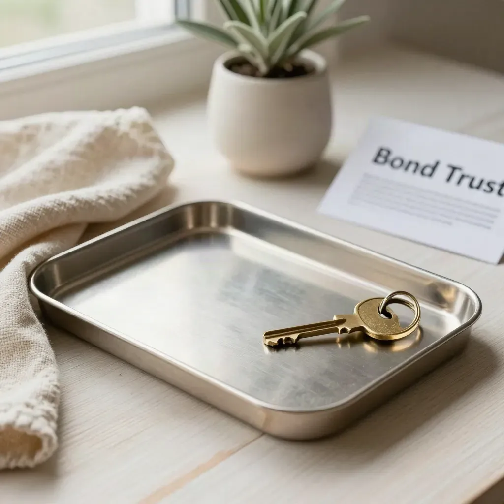 Brass key ring beside a blank signature tray on pale wood with linen and a small plant