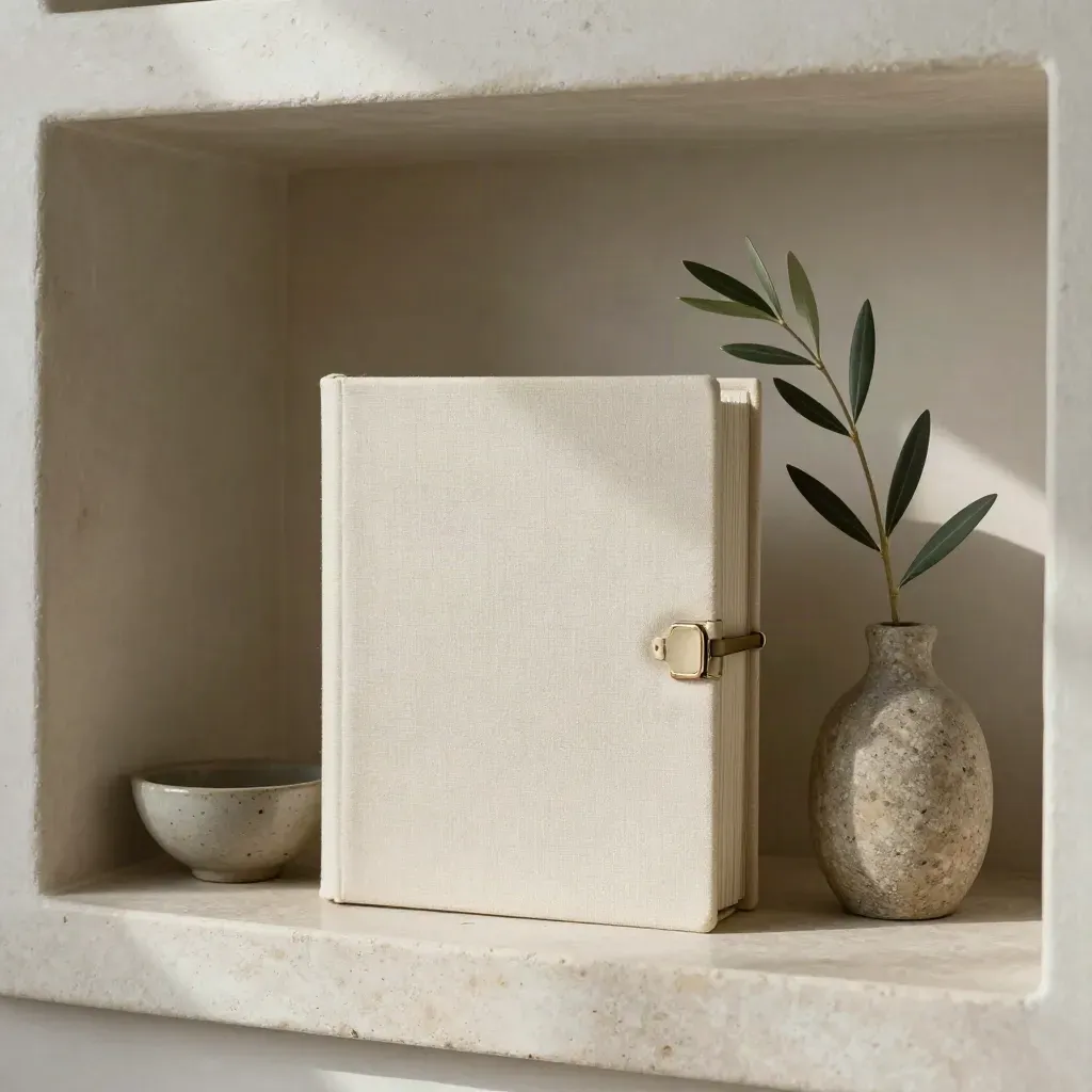 Closed estate binder with ceramic bowl and olive stem in a stone vase on a quiet shelf nook.